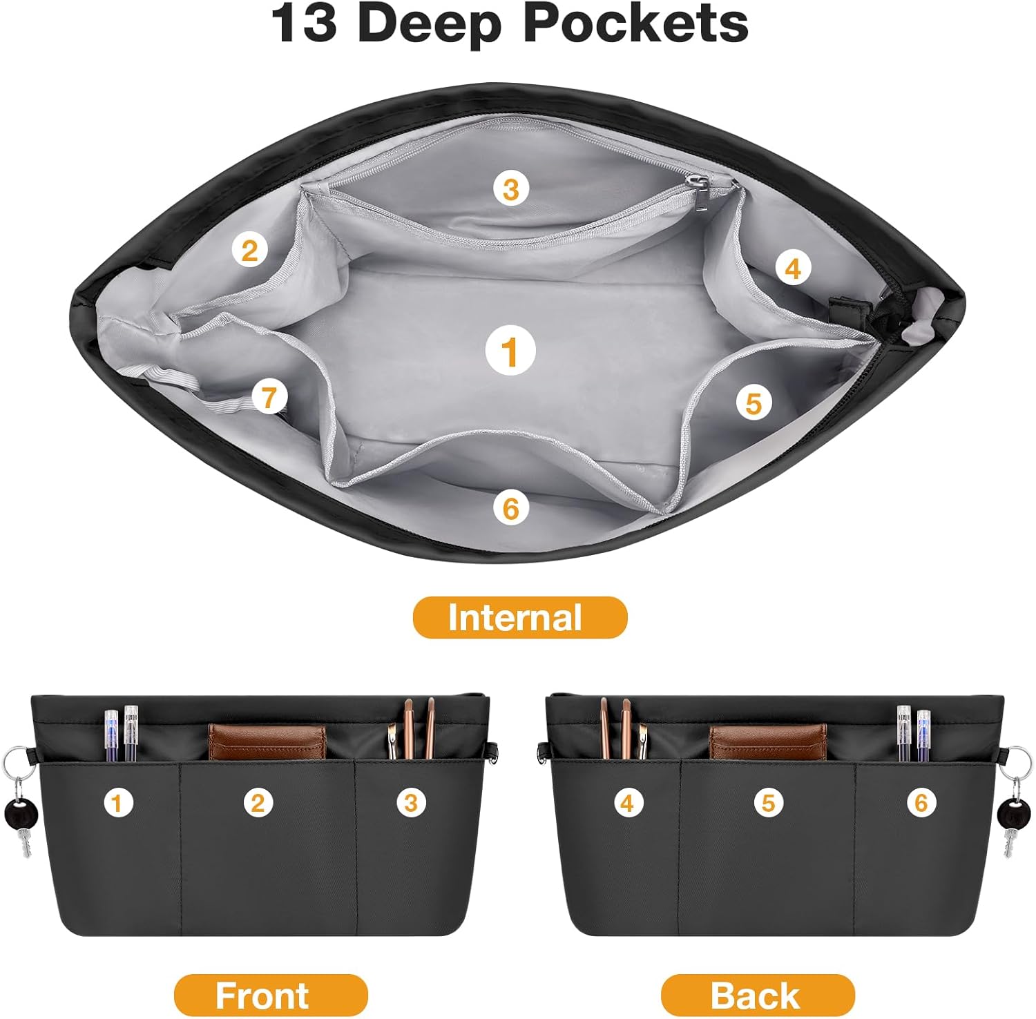 Thumbnail 2 de Betoores Handtaschen Organizer aus wasserdichtem Nylon mit Reißverschluss und Schlüsselbund – Schwarz