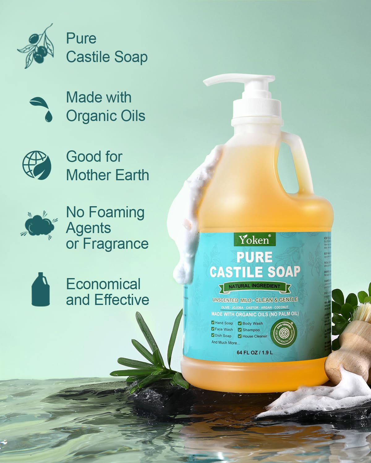 Thumbnail 1 de Yoken Pure Castile Liquid Soap 64 Oz Unscented – Multi-Purpose Cleanser for Body, Dishes, and More