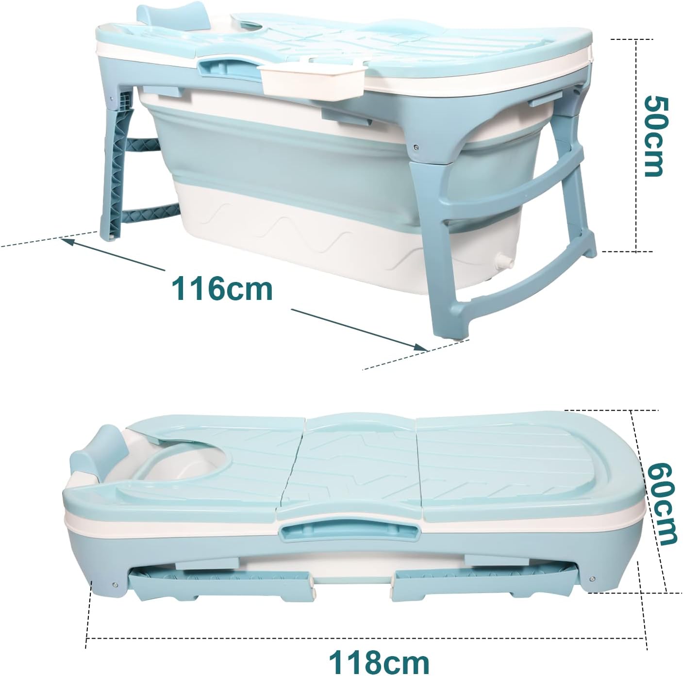 Detalle de Cecaylie Vasca da bagno portatile pieghevole per adulti con coperchio e cestino – 118 x 60 x 50 cm, blu