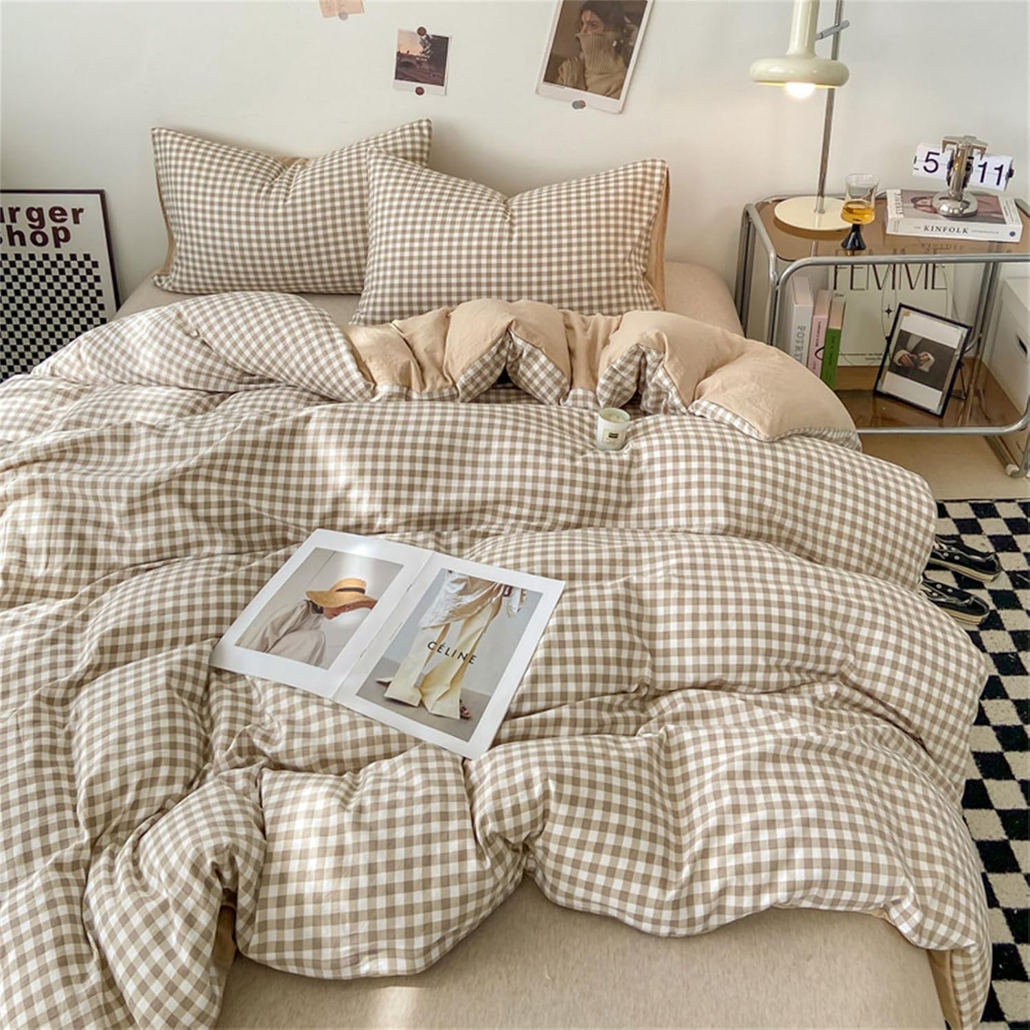 Thumbnail 2 de Covebett Housse de Couette 220x240 – Carreaux Vichy Beige et Marron, Microfibre, 2 Taies 65x65