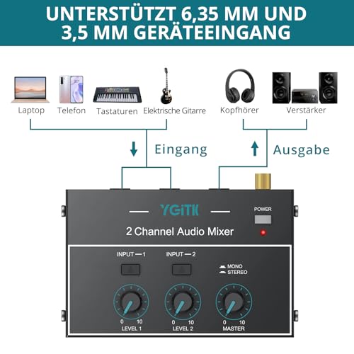 Thumbnail 2 de YGiTK 2-Kanal Audio-Mixer 6,35 mm + 3,5 mm – kompakter Mini-Mixer