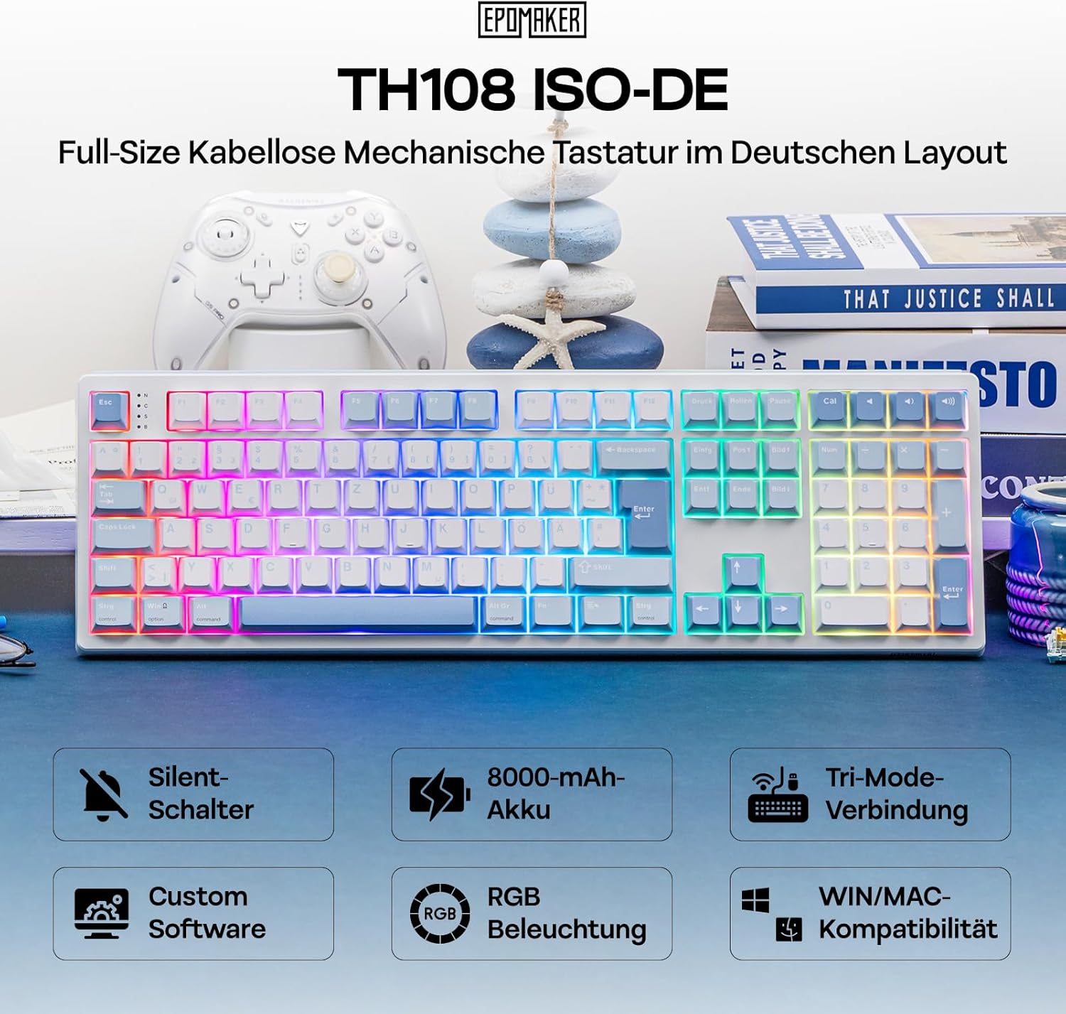 Thumbnail 1 de EPOMAKER TH108 ISO-DE Full-Size Mechanische Tastatur – Deutsches Layout, Kabellos, Hot-Swap