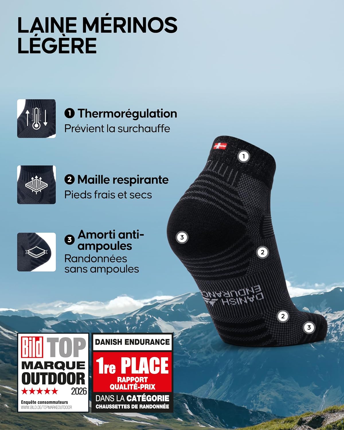 Thumbnail 1 de Danish Endurance Chaussettes de randonnée en laine mérinos légères (lot de 3) – coupe basse, anti-blister