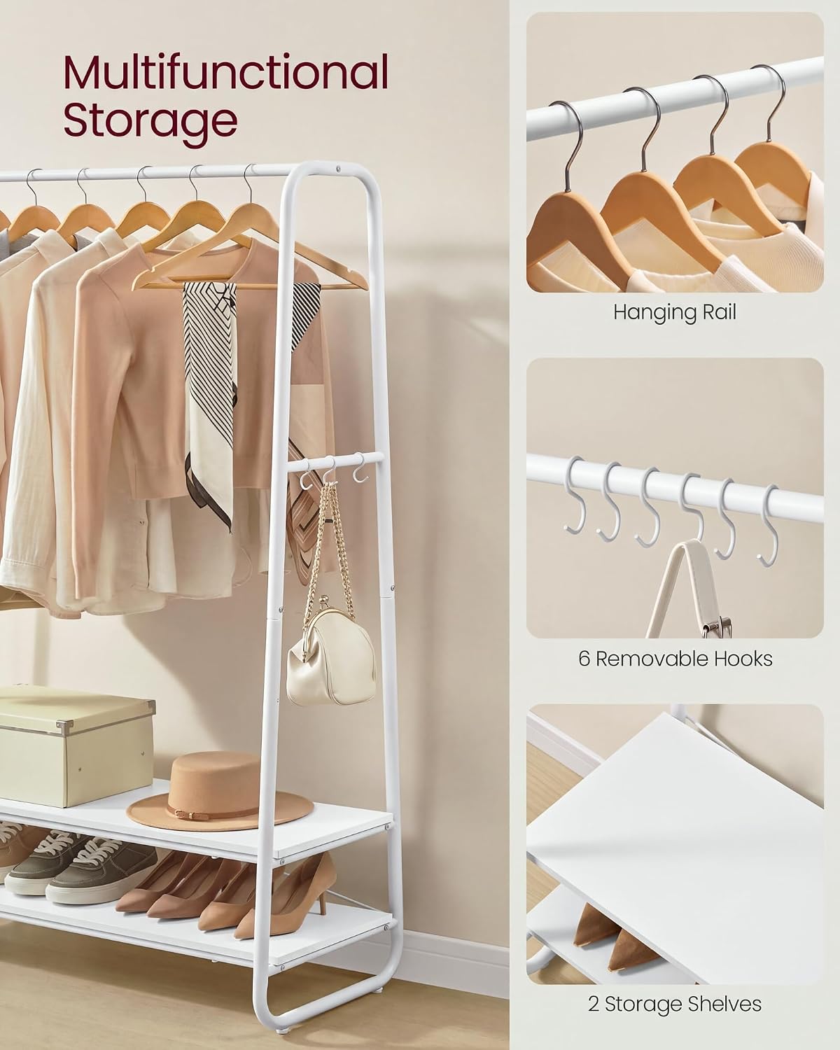 Detalle de VASAGLE COLTEN RGR112W02 Clothes Rail, 2 Shelves and 6 Hooks