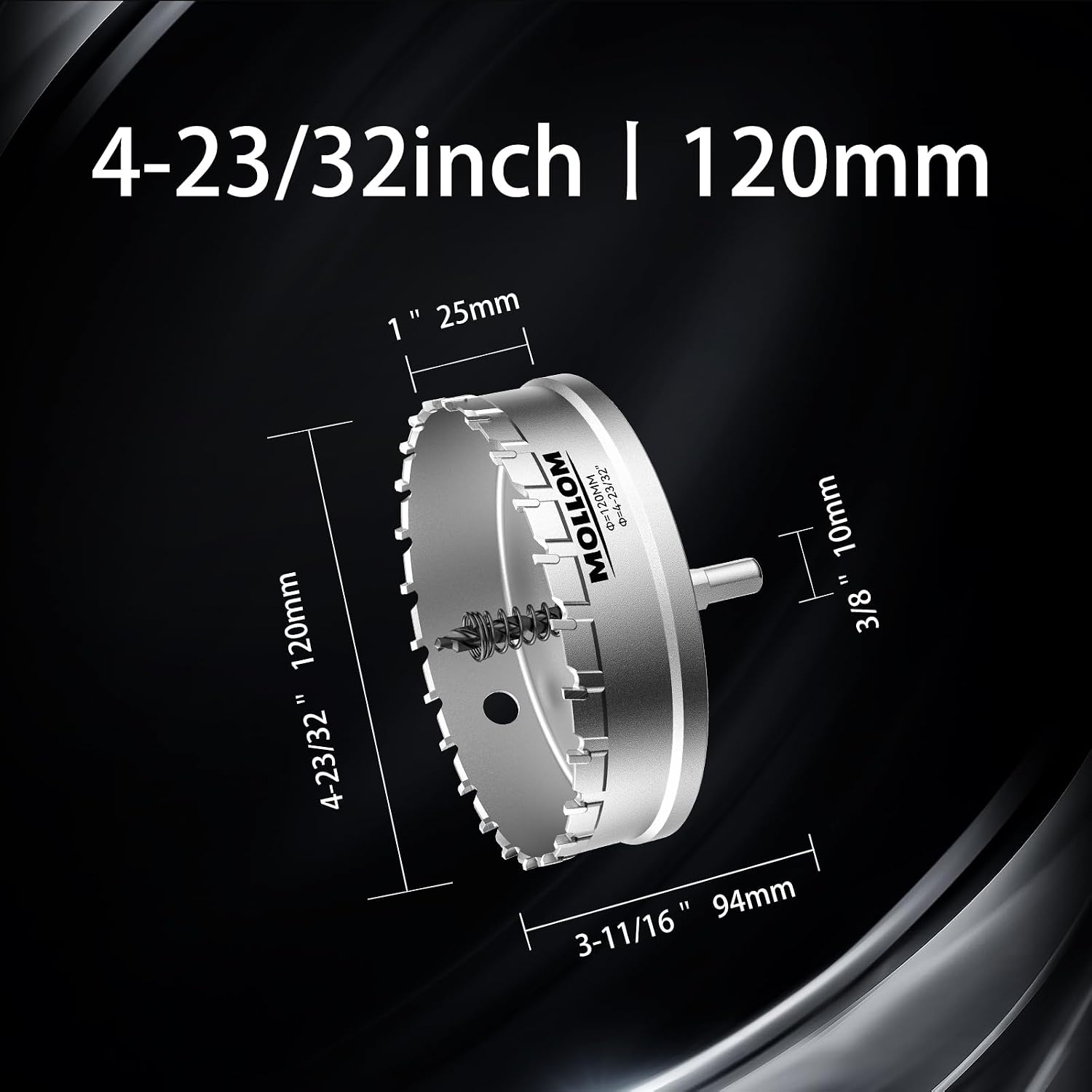 Thumbnail 1 de Mollom 4-23/32" (120mm) Heavy Duty Carbide Hole Saw with 2 Pilot Bits