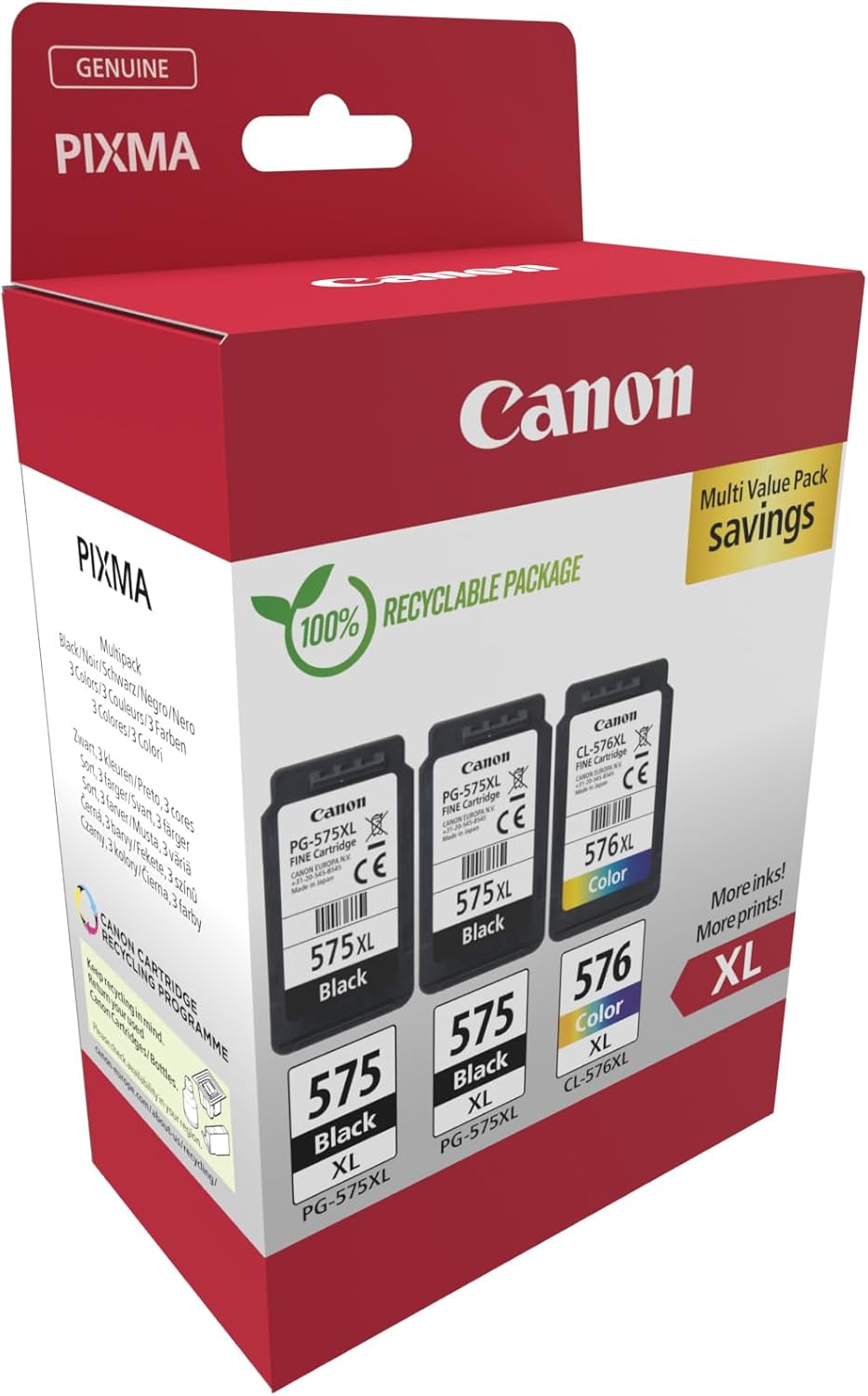 Detalle de Canon PG-575XL x2 / CL-576XL High Yield Genuine Ink Cartridges – 3‑Pack (2 Black, 1 Colour)