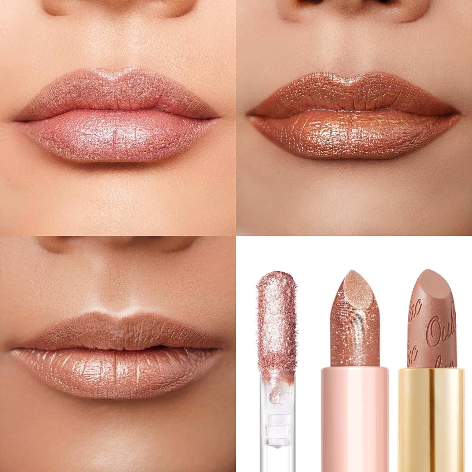Detalle de OULAC Nude Metallic Lipstick Kit — Shimmer & High Pigment (3pcs): Metallic Shine, Hydration & Diamond Gloss