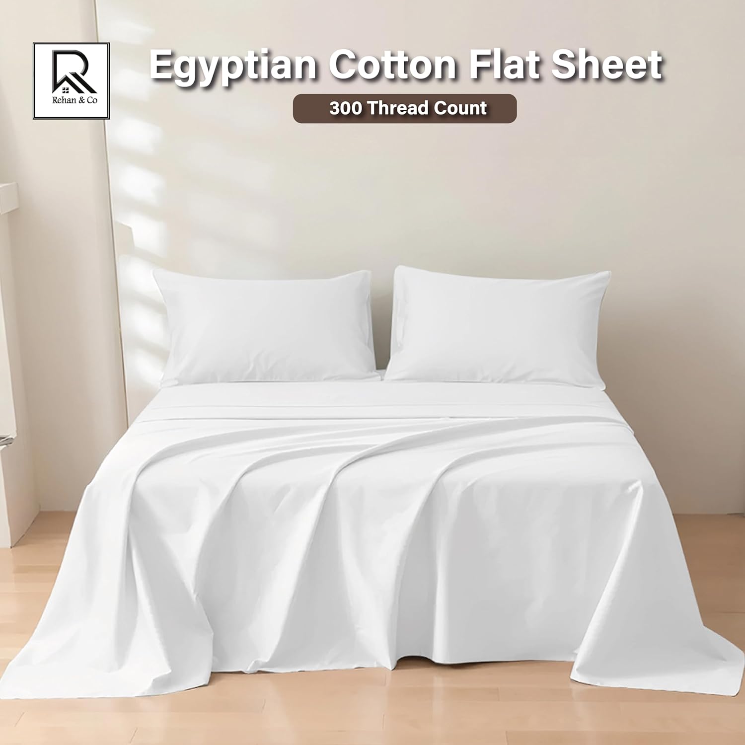 Thumbnail 1 de Rehan & Co Single White Egyptian Cotton Flat Sheet (300 Thread Count) 180 x 255cm