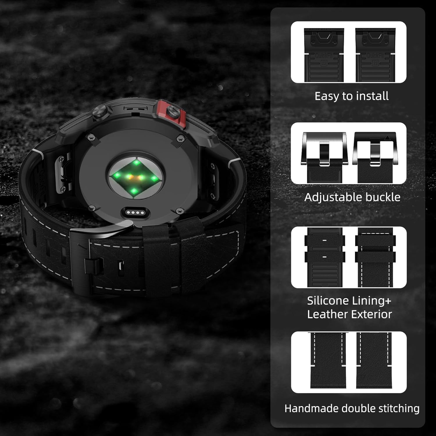 Detalle de LanQii 22mm QuickFit Leder+Silikon Armband für Garmin (Tactix 8 47 mm, Fenix 7/8 & mehr) – Schwarz