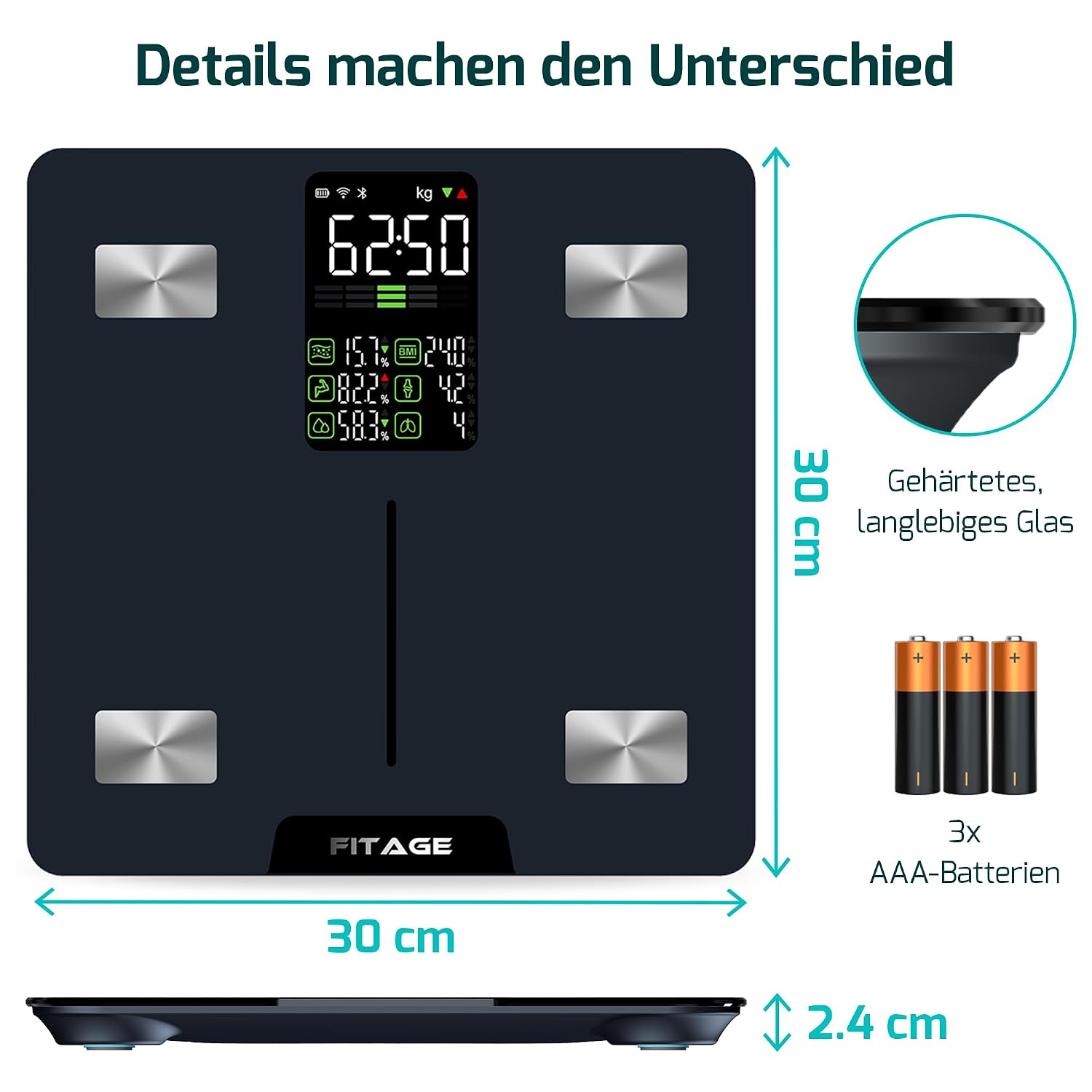 Thumbnail 5 de Digitale Personenwaage „Testsieger 2025“ – Körperanalysewaage bis 225 kg mit App & 17 Messwerten (Schwarz)