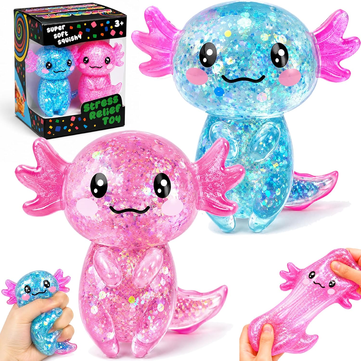 Detalle de HFZCZW Axolotl Fidget Toys, 2-Pack Pink and Blue Glitter TPR Squishies