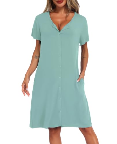 Detalle de Lovasy Camisón de Mujer Verano con Bolsillos y Botones para Lactancia, Verde Claro, XL