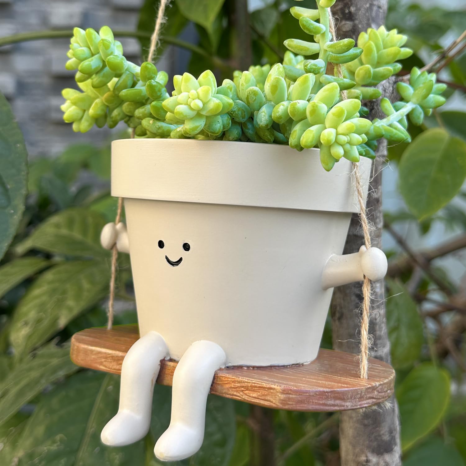 Thumbnail 4 de Hanging Planter Swing Face Plant Pot – Cute Resin Head Planter with Drainage Hole (Indoor & Outdoor)