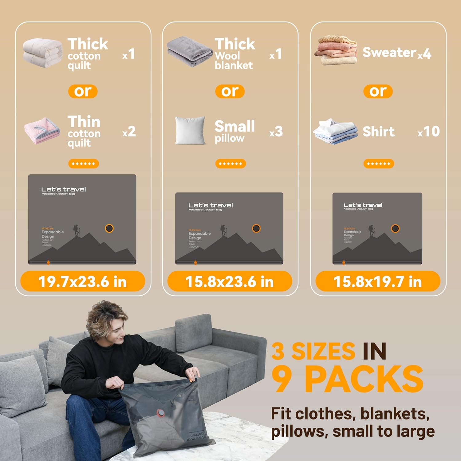 Thumbnail 3 de VACKFOX travel vacuum storage bags with rechargeable cordless pump (9-pack) for clothes, pillows and comforters
