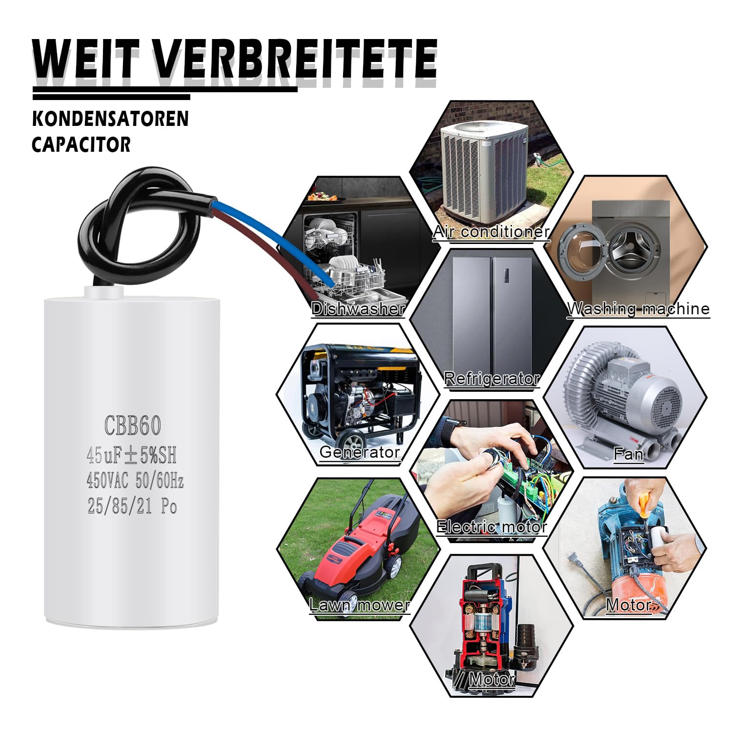 Thumbnail 2 de Iruihoo CBB60 450V 45µF Starterkondensator mit Draht – Motorstarter- und Entstörungskondensator