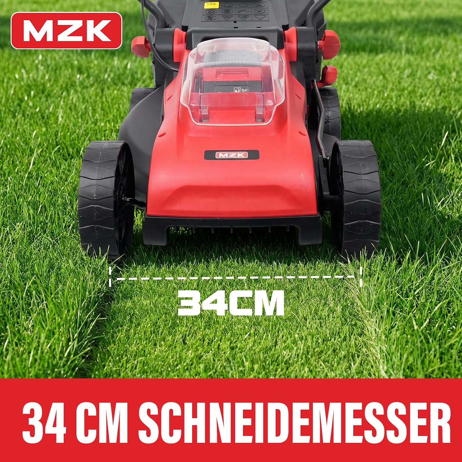 Detalle de MZK 20V Akku-Rasenmäher — 34 cm Schnittbreite, 4-fache Schnitthöhenverstellung, 31-Liter Fangkorb (inkl. 2×4,0 Ah Akkus) in Rot