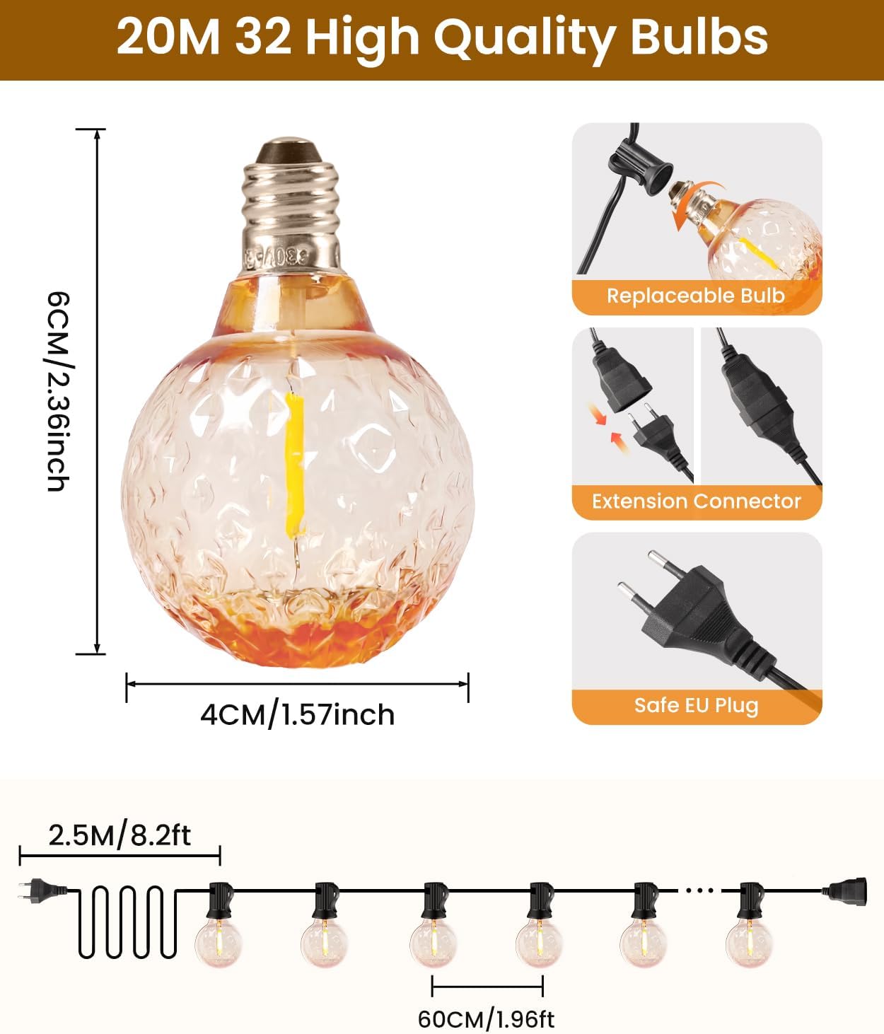 Detalle de Catena Luminosa Esterno 20M con 30+2 Lampadine LED Effetto Fragola – IP44, Bianco Caldo 2700K