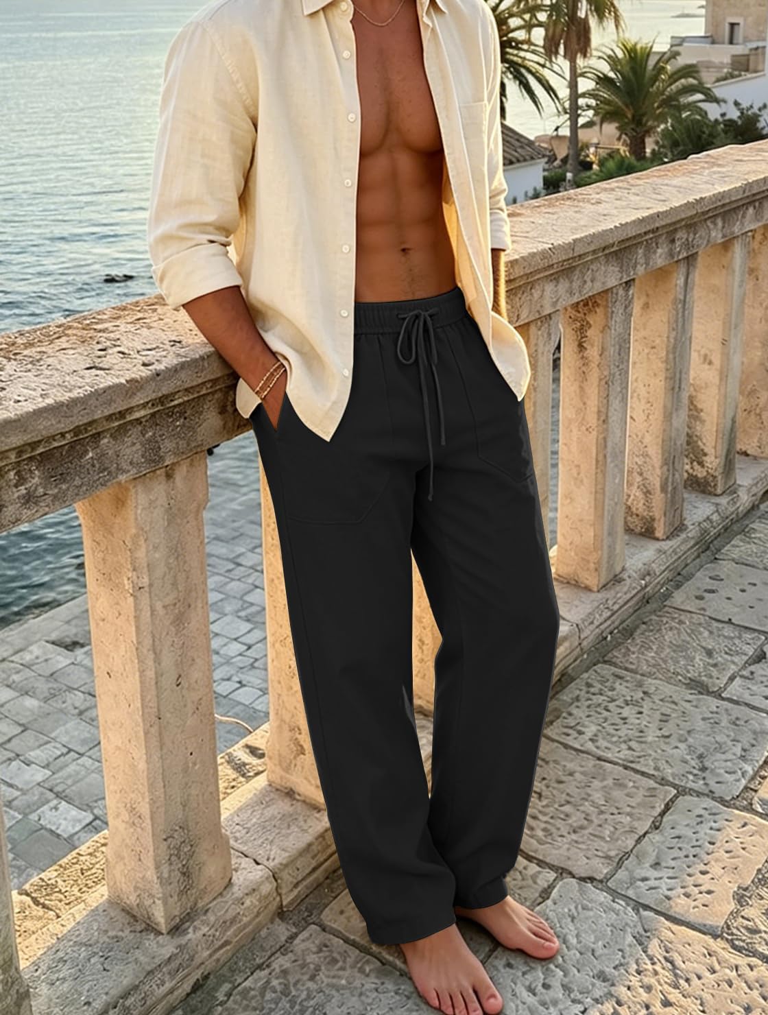 Detalle 2 de Puimentiua Cotton Linen Pants for Men – Casual Loose Fit with Drawstring Waist (Summer Beachwear)