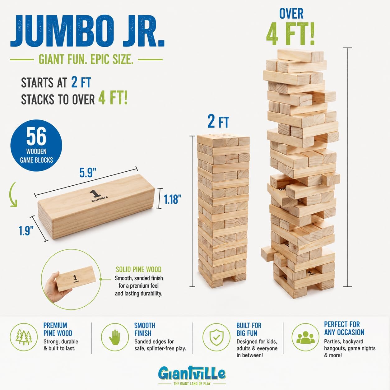 Detalle de Giantville Giant Tumbling Timber Toy (STEAM-Credited) — 56-Piece Premium Pine Block Tower Game w/ Carry Bag