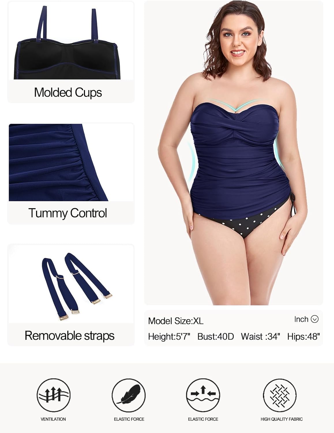 Detalle de Ocean Blues Women's Twist Bandeau Swimsuit Top with Ruched Tummy Control