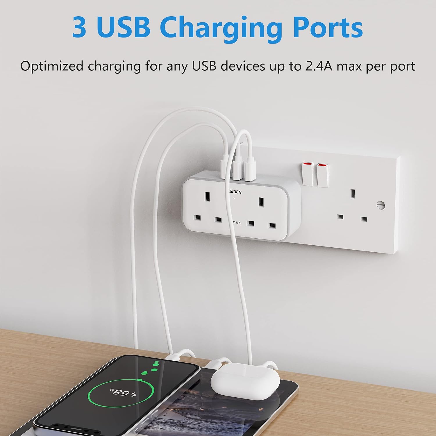 Detalle de Mscien Double Plug Adapter 13A with 3 USB 🔌