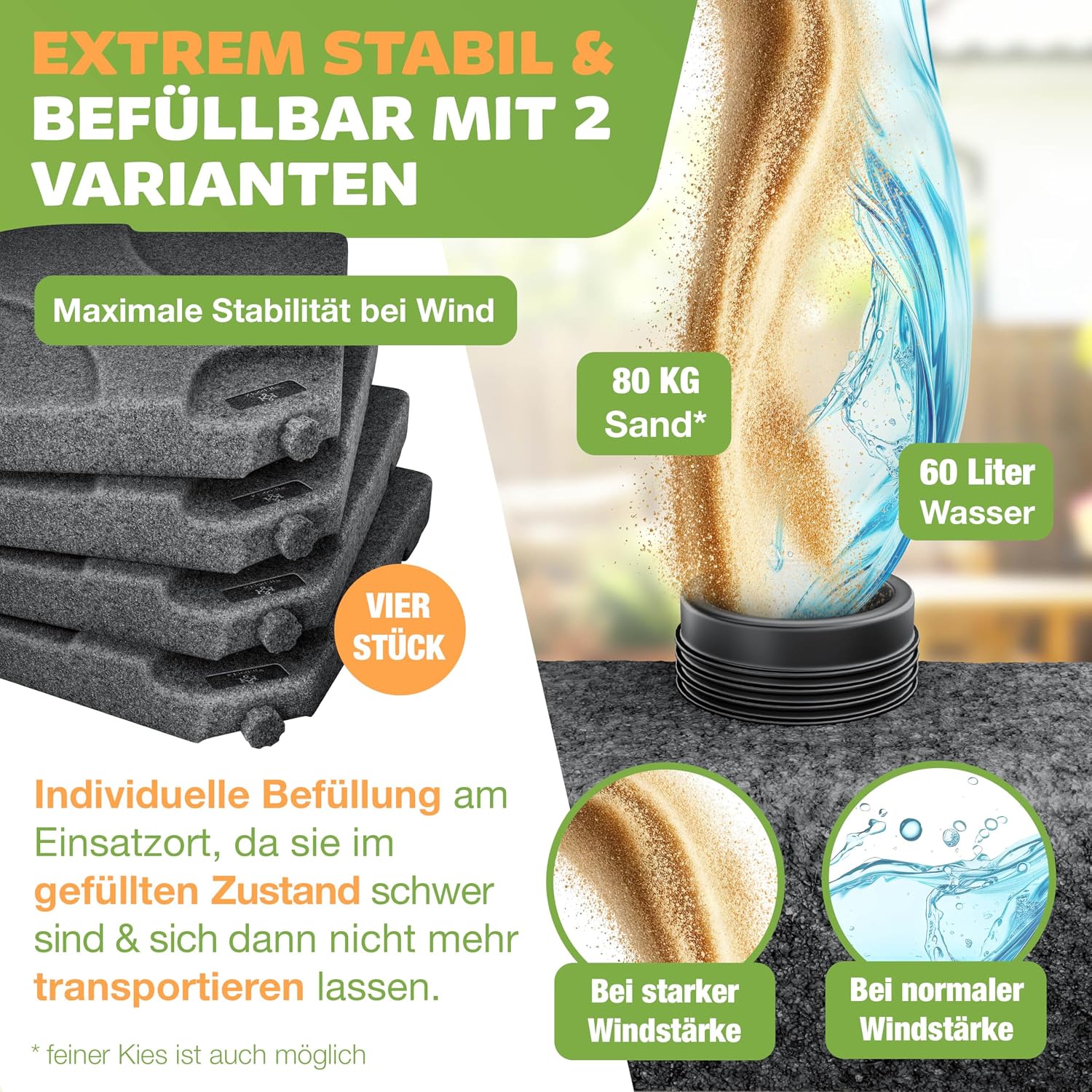 Detalle de KESSER® Sonnenschirmständer 4-teilig – 60 Liter Befüllung, 80 kg Gewicht mit Wasser oder Sand, Ampelschirmständer aus HDPE