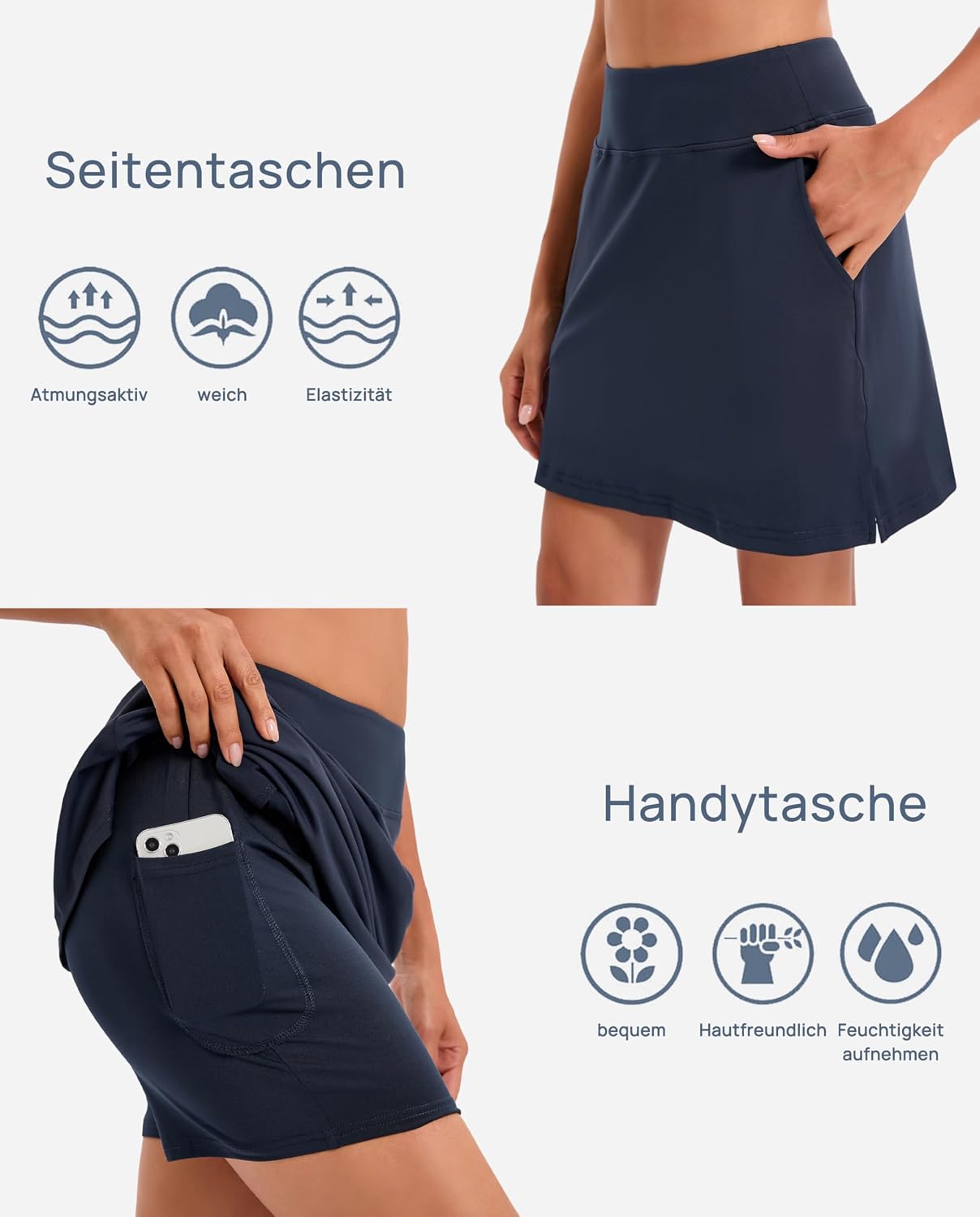 Detalle de Timuspo Damen Tennisrock mit Hose – Kurzer Hosenrock mit Taschen, Sommer-Sport-Skirt für Golf, Tennis, Laufen & more