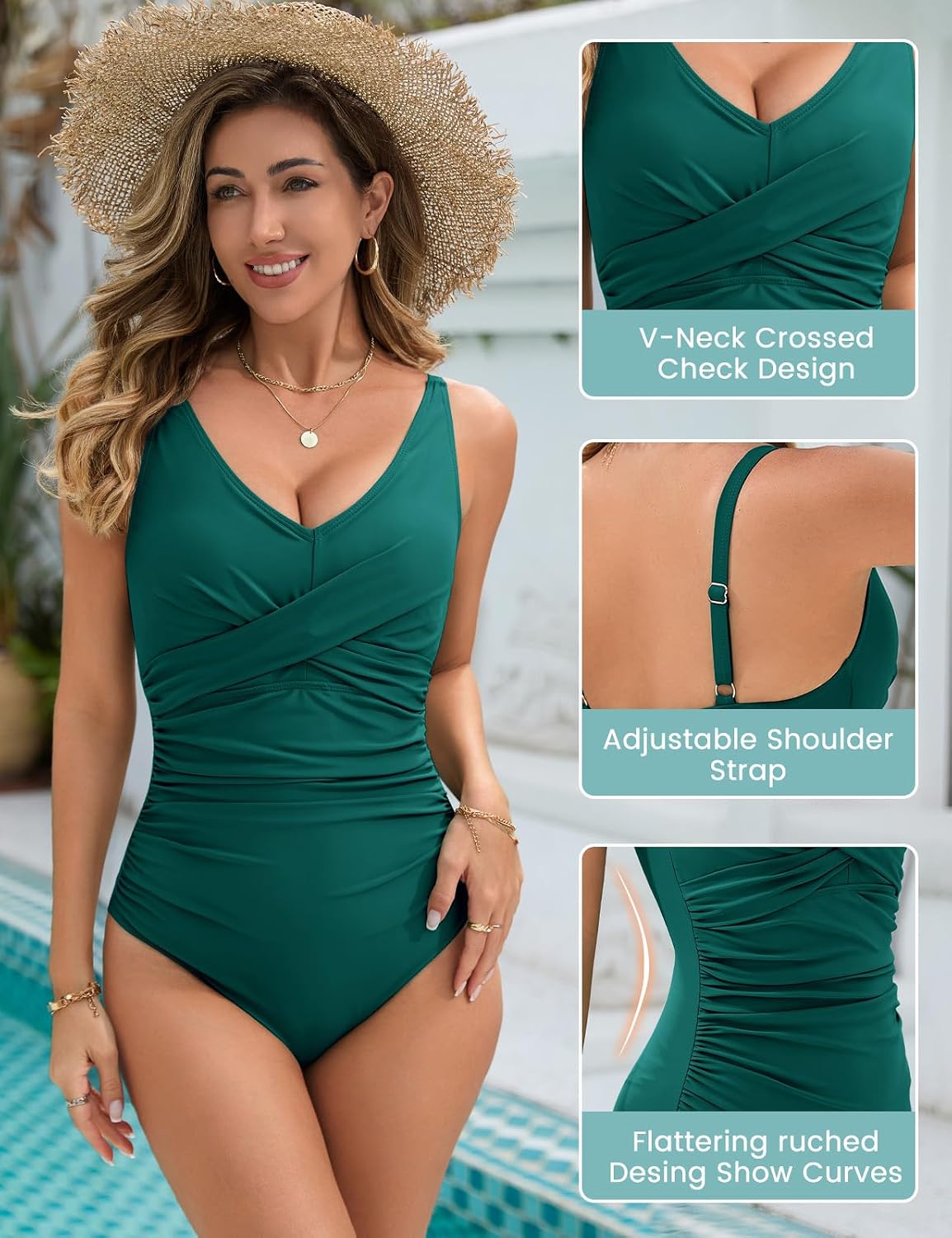 Detalle 2 de UMIPUBO costume da bagno intero donna curvy con scollo a V, reggiseno imbottito e controllo pancia