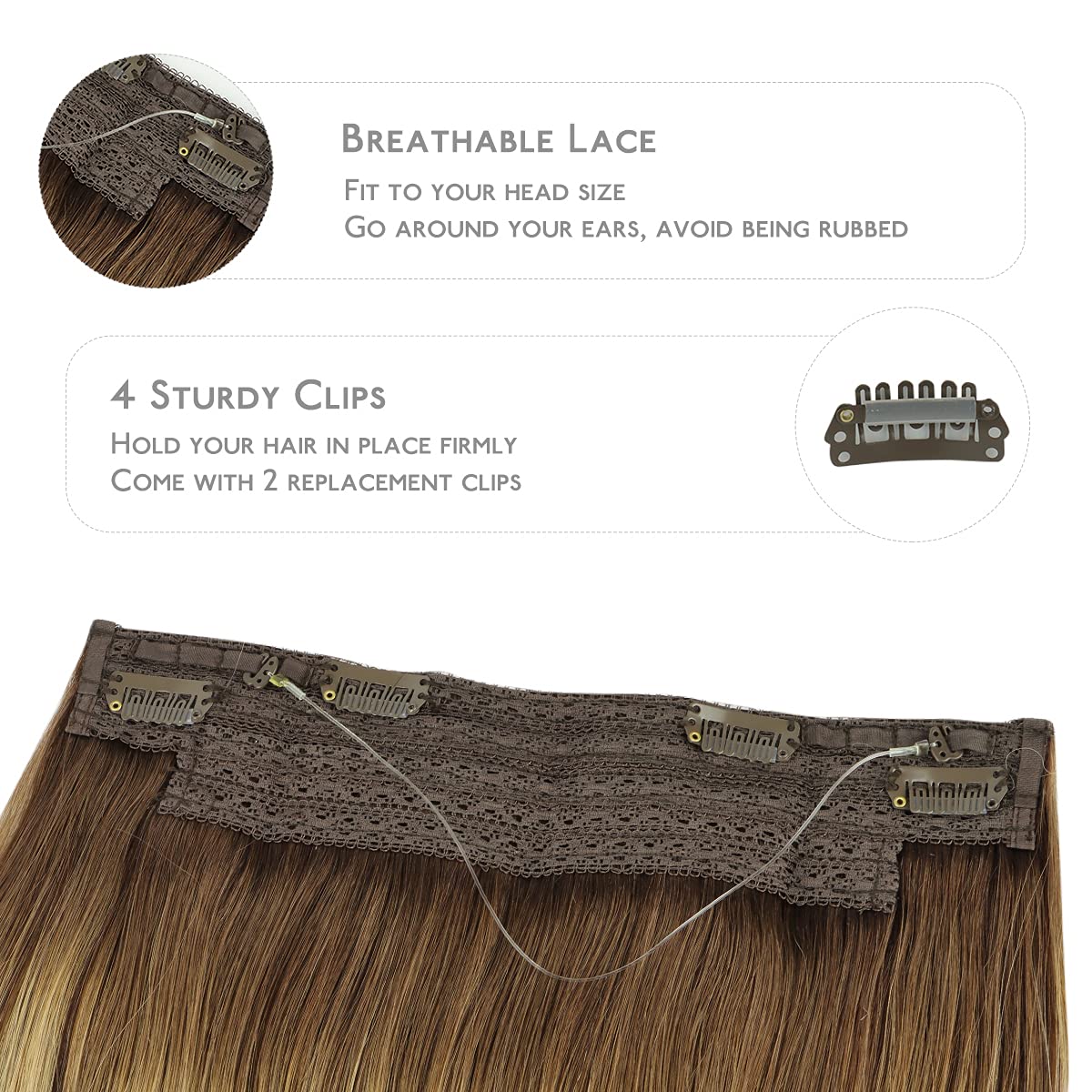 Detalle de WENNALIFE Real Human Hair Wire Extensions, 22 inch, 120g, Balayage Chocolate Brown to Honey Blonde