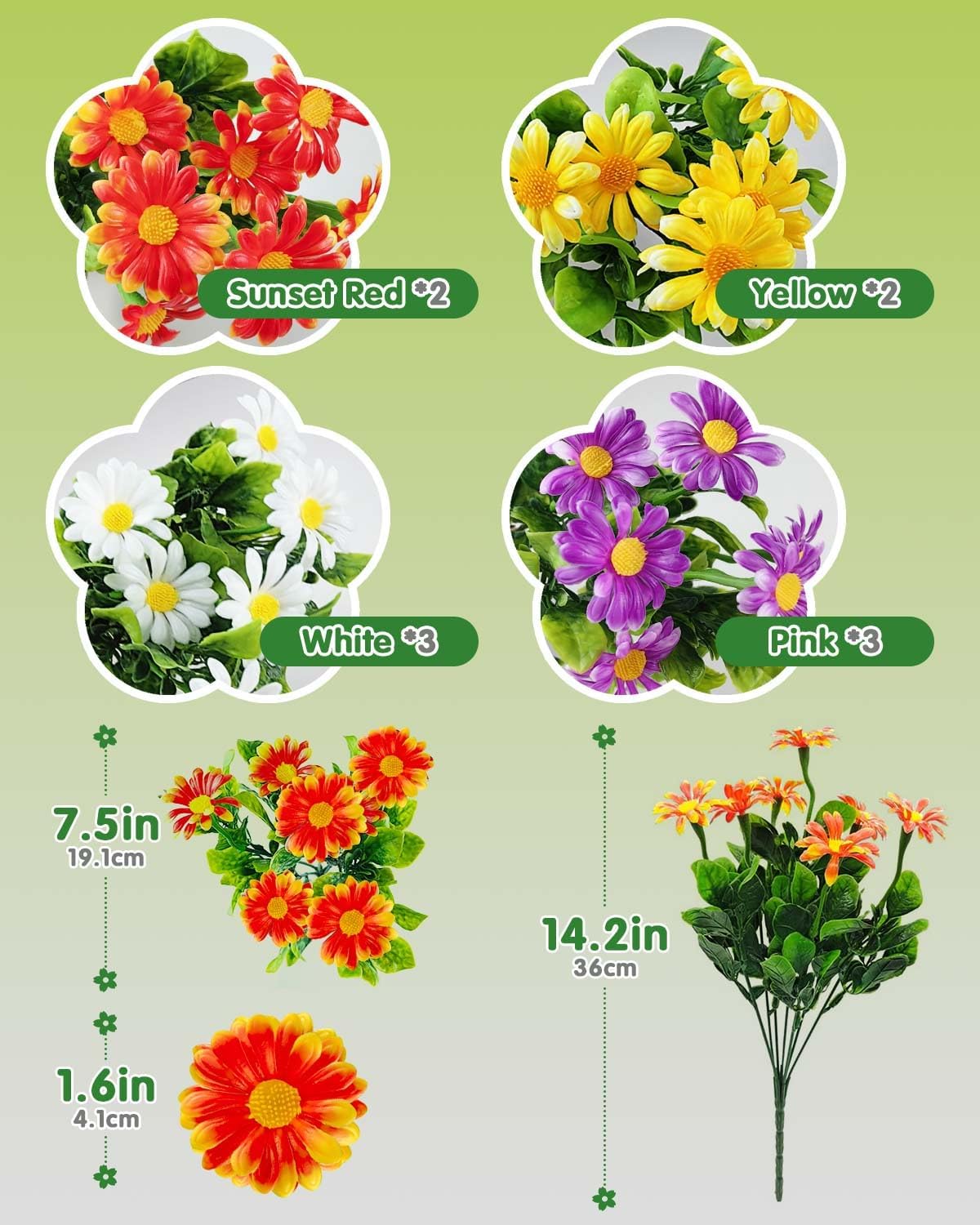 Detalle de 12 Bundles Outdoor Artificial Flowers in Four Colours – UV‑Resistant Daisy Set