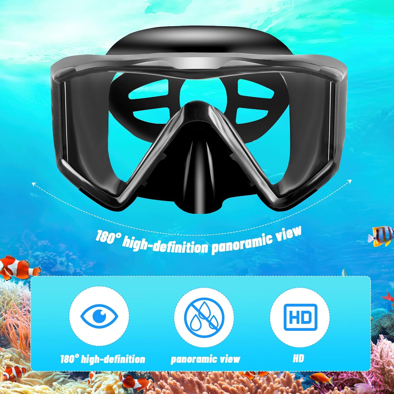 Thumbnail 1 de Set snorkeling adulti con maschera panoramica a 3 finestre e boccaglio – antiappannamento e anti-fuga
