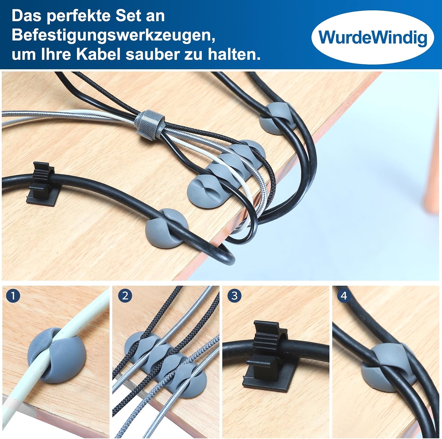 Detalle de WurdeWindig Kabelnetz Schreibtisch für Kabelmanagement – flexibler Netz mit 66,5 × 24 cm, Grau