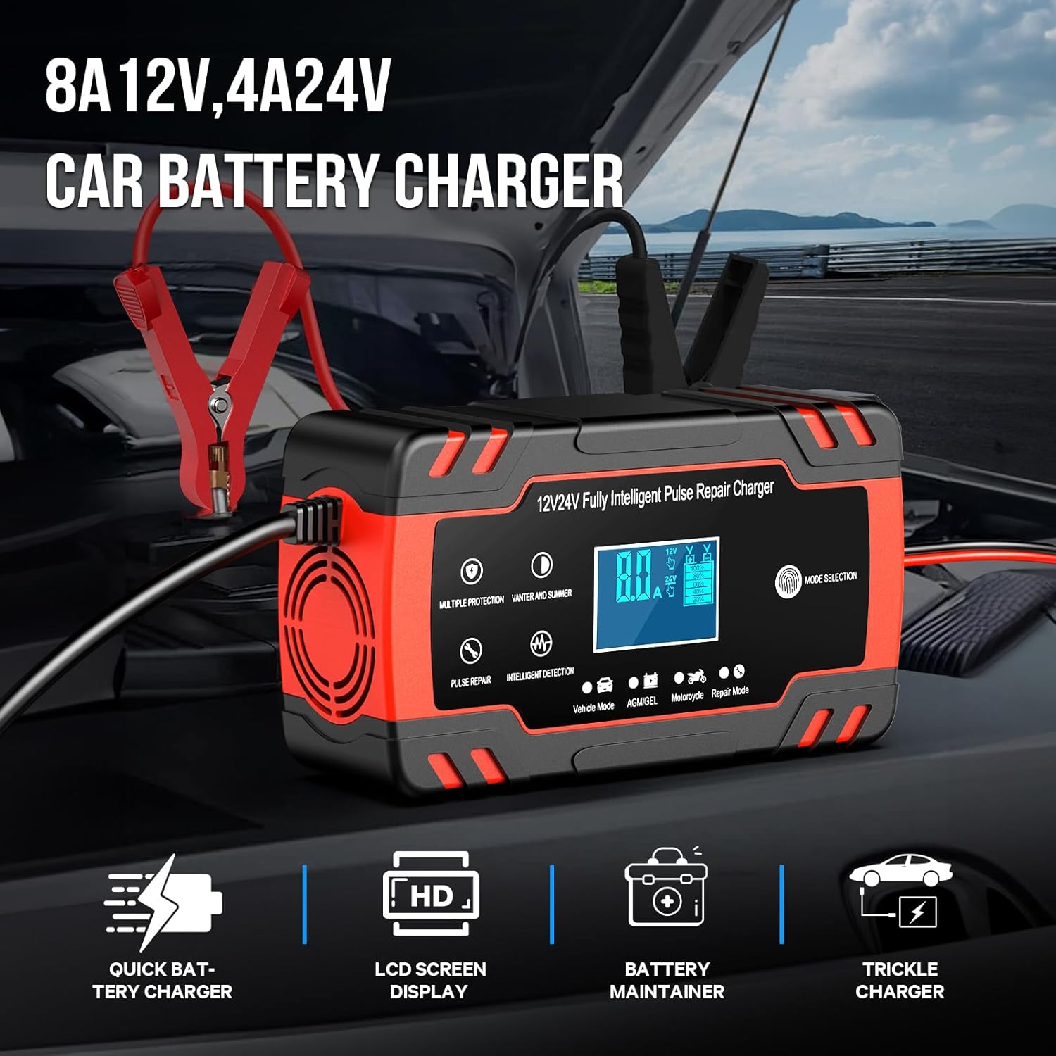 Thumbnail 1 de Caricabatterie Auto 12V/24V 8A con Protezioni Multiple e Mantenitore Intelligente con Display LED