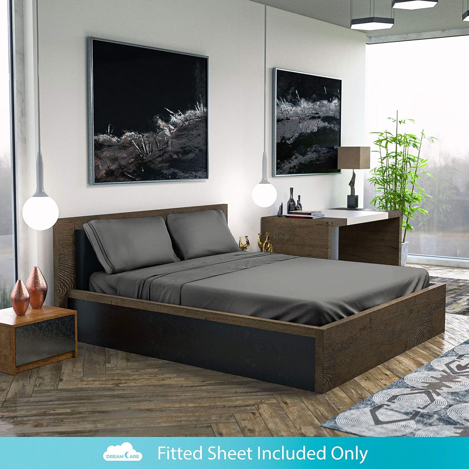 Thumbnail 6 de DREAMCARE King Fitted Sheet, Dark Grey Brushed Microfiber, Pocket up to 15in