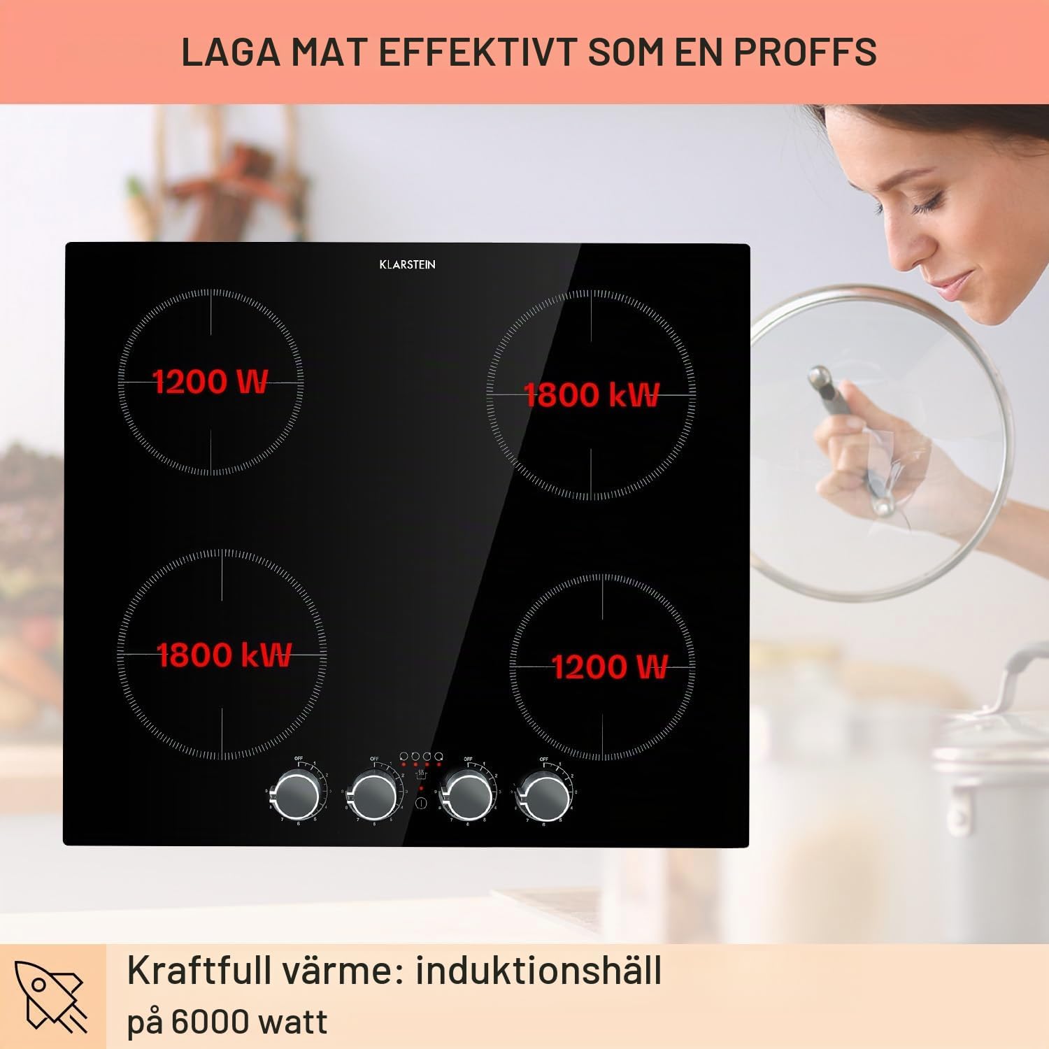 Detalle de Klarstein induktionshäll med 4 kokzoner, 6000 W och svart glaskeramik
