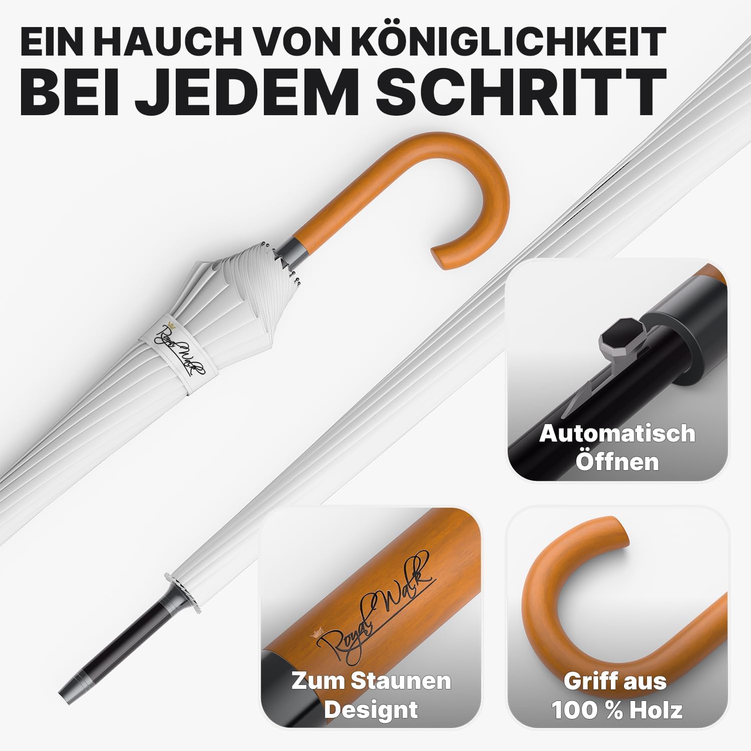Thumbnail 2 de Royal Walk Groß XXL 54 inch Automatik-Reisegolf-Regenschirm mit Holzgriff – 16 Rippen, winddicht, wasserabweisend