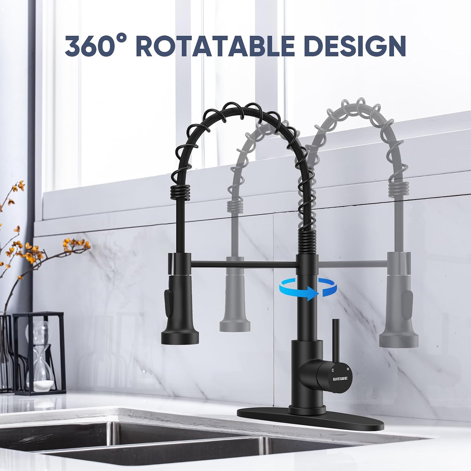 Detalle 1 de WEWE A8018-05-02MB Black Kitchen Faucet, Pull-Down Sprayer, 360° Swivel