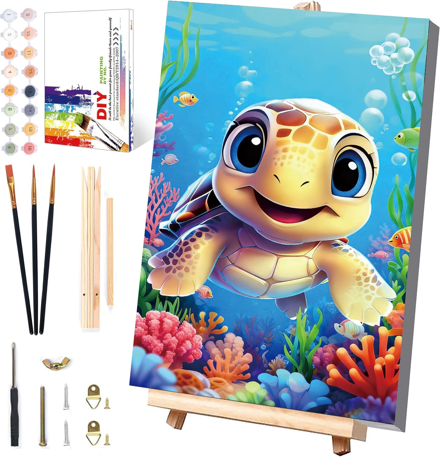 Detalle de Pujeknm Schildkröte – Malen nach Zahlen für Kinder ab 5 Jahren (20x30 cm, mit Rahmen, Holzstaffelei)
