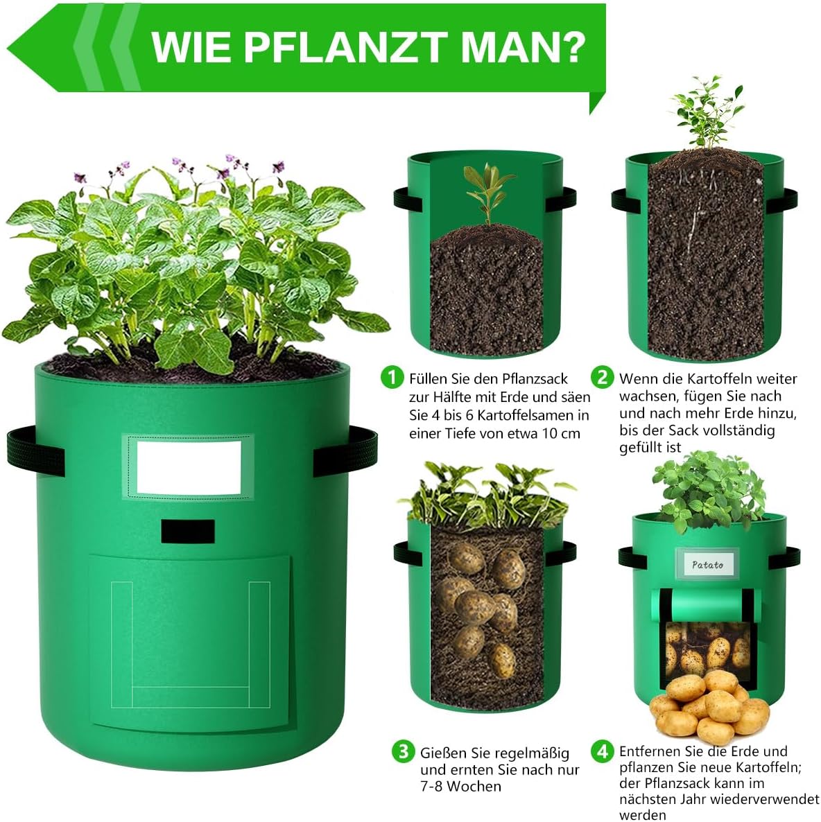 Detalle de Airminti Kartoffel Pflanzsack 50L im 3er Set – Premium Vliesstoff mit Erntefenster, Pflanzmatte & verstärkten Griffen