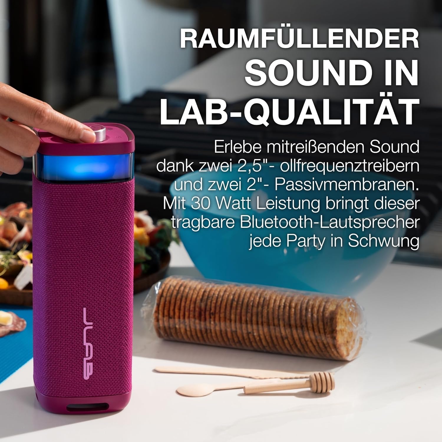 Thumbnail 2 de JLab JBuds Party: Tragbarer Bluetooth-Lautsprecher mit 30 W, RGB-Licht, IP56 und 12+ Stunden Laufzeit