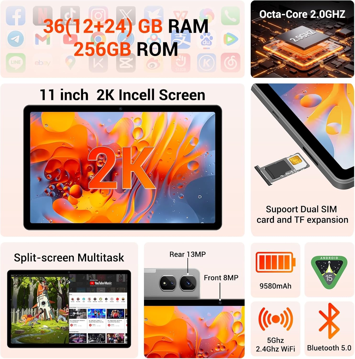 Thumbnail 1 de MAXLEGEN Tablet 11 Zoll Cellular (2K FHD) mit 4G LTE Dual SIM, 36GB RAM + 256GB + 1TB microSD, Android 15
