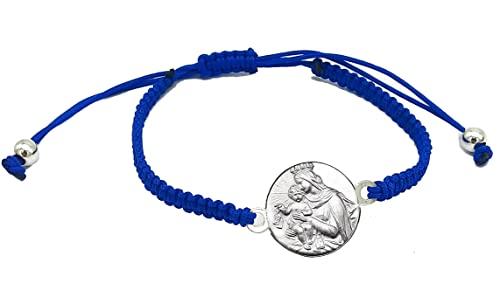 Detalle de Ekonat Pulsera Virgen del Carmen - Pulsera de plata con macramé negro, ajuste corredizo