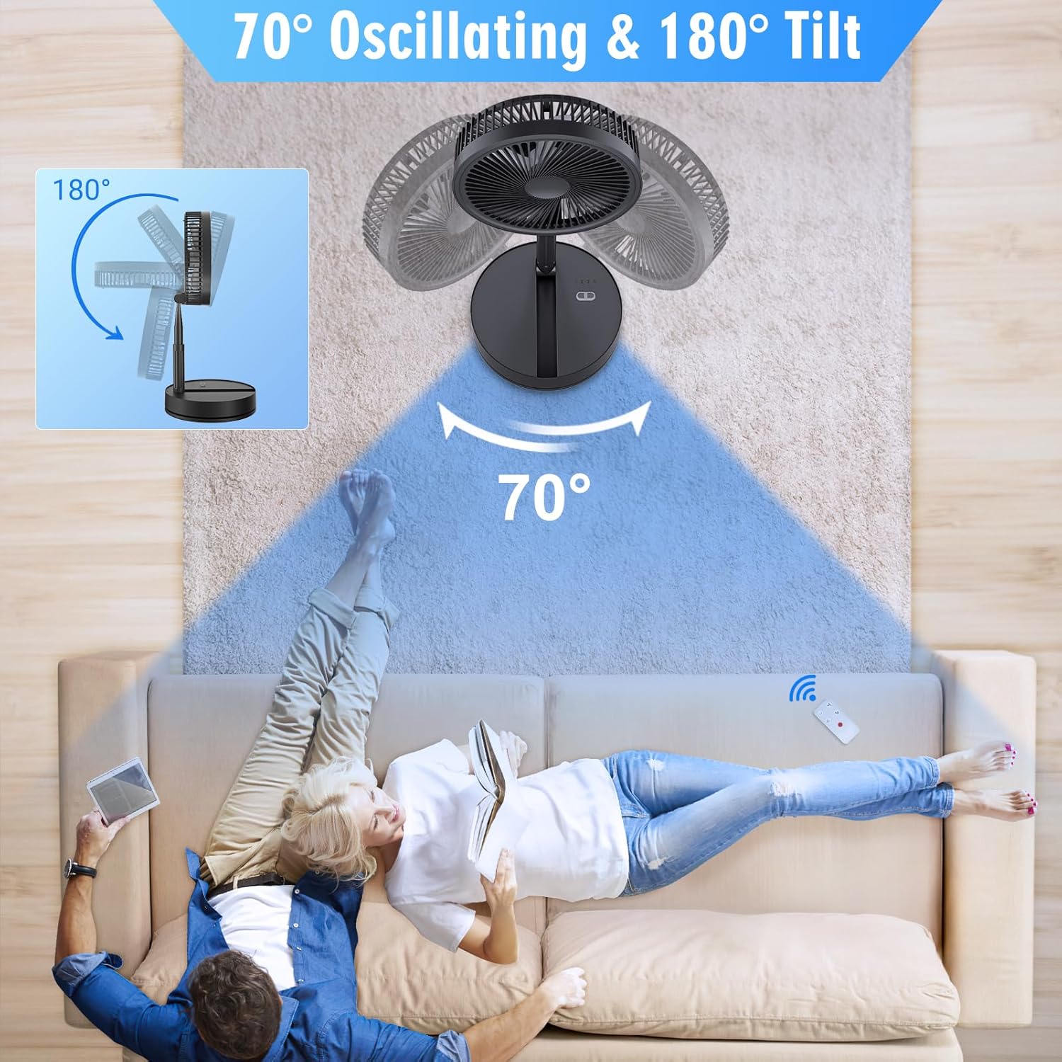 Detalle 2 de Portable Oscillating Standing Pedestal Fan with Remote – 8.6 inch, 8000mAh Battery, USB Powered