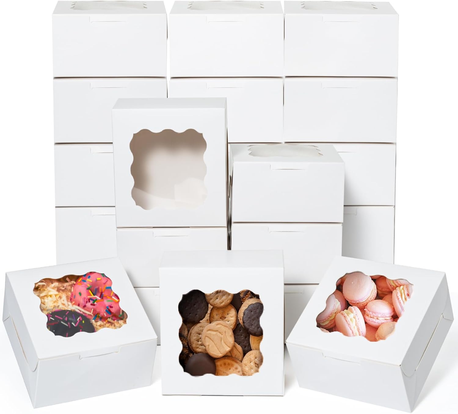 Detalle de uprinacc 6 x 6 x 3 in Bakery Boxes with Window, Stickers, White Paperboard
