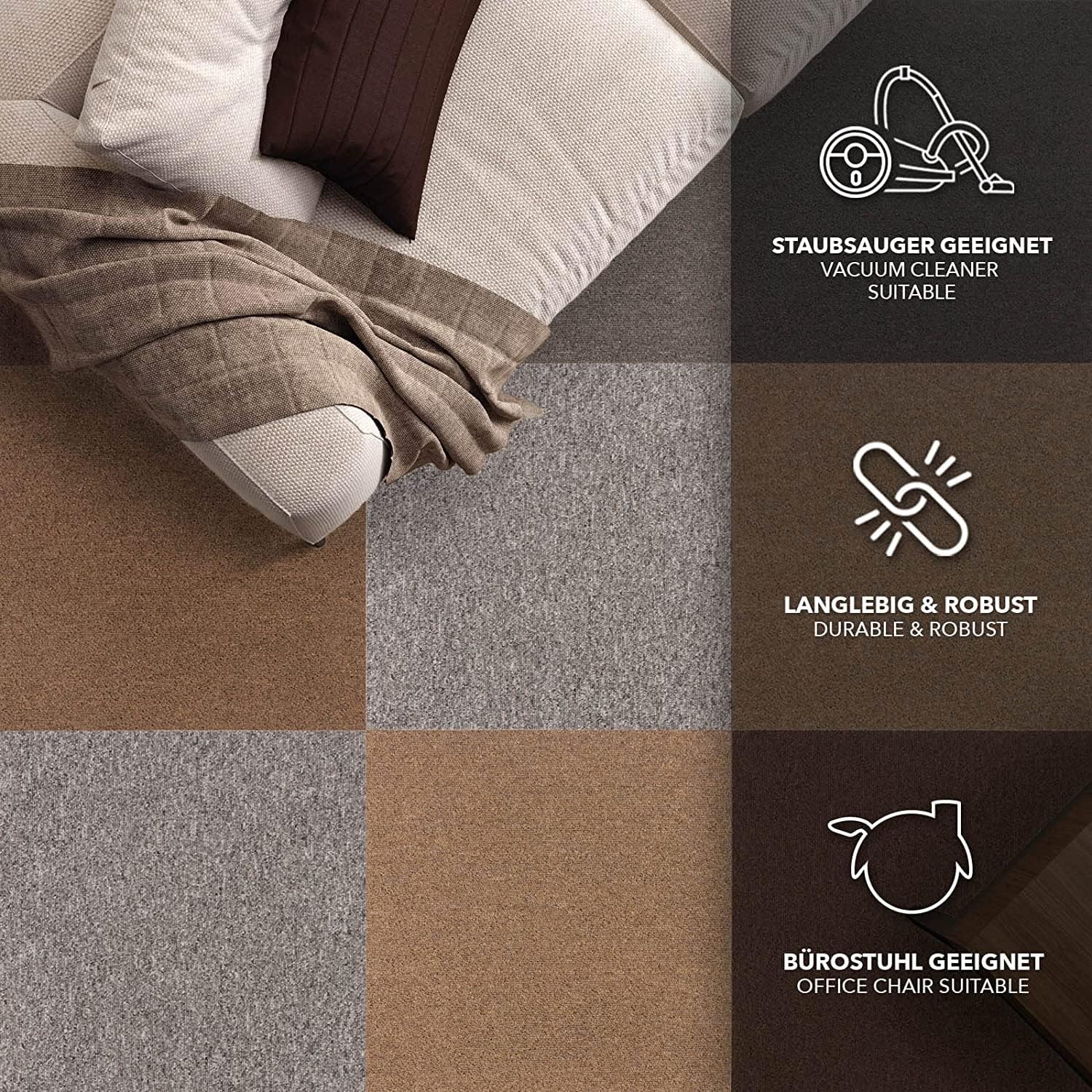 Detalle de KARAT Teppichfliesen Moskau 50×50 cm – 48 Stk. Selbstliegend, 12 m², grün