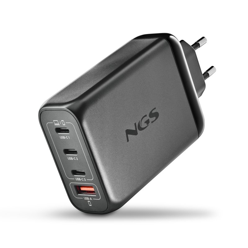 Detalle de NGS BUD140W cargador GaN de 140 W con 3 USB-C y 1 USB-A