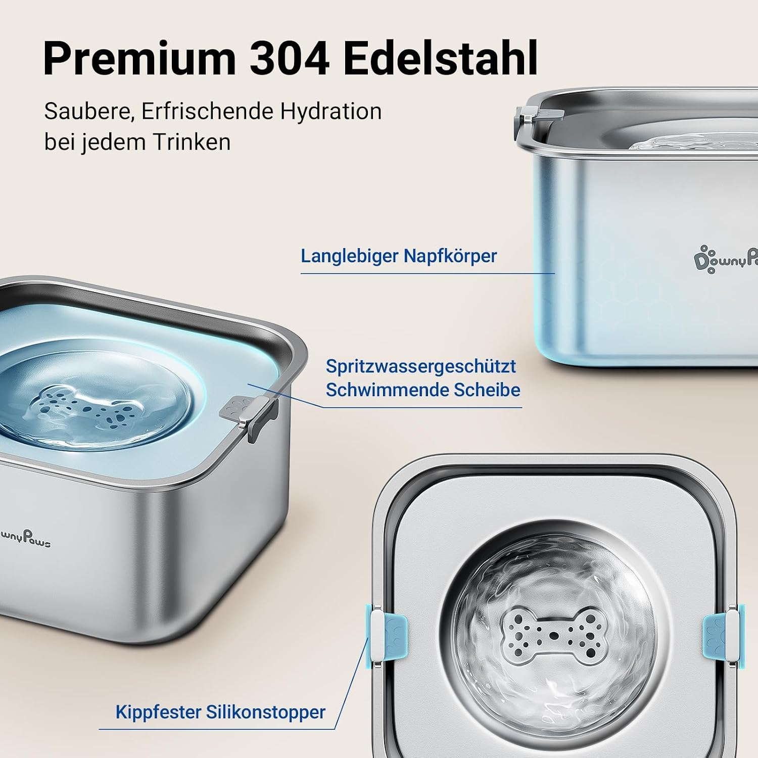 Detalle de DownyPaws Wassernapf für Hund 3 l aus 304 Edelstahl