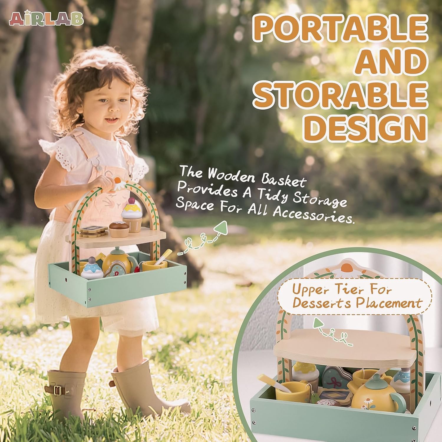 Detalle 2 de A Wooden Tea Sets for Little Girls: Creative Play Set with Teapot, Cakes, and Stand
