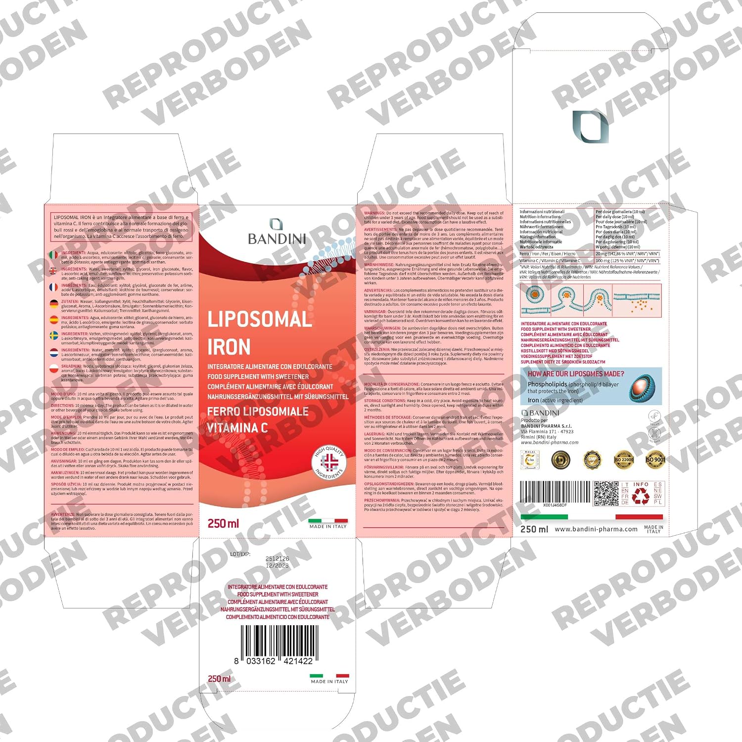 Detalle de BANDINI Liposomaal IJzer + Vitamine C vloeibaar, vegan, 250 ml