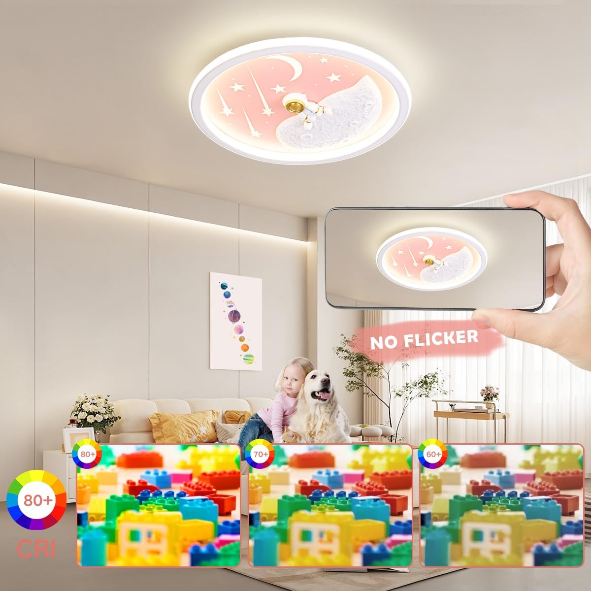 Detalle 2 de LED Kinder Deckenlampe Astronaut Mond – dimmbar, Fernbedienung, 50 cm Rosa